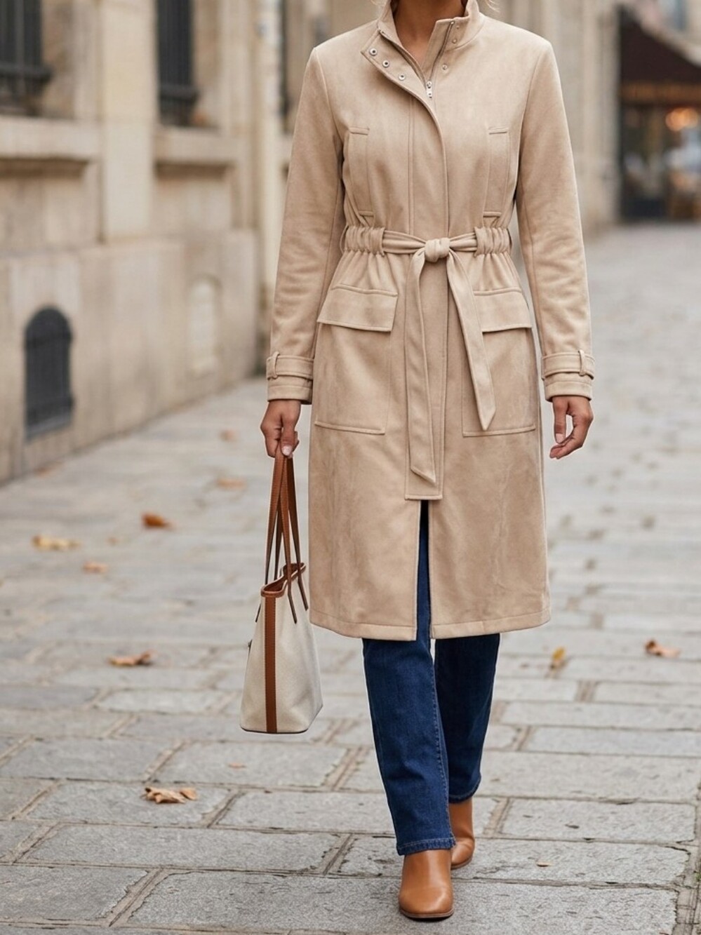 Aliceblue Beige Tie-Waist Long Coat